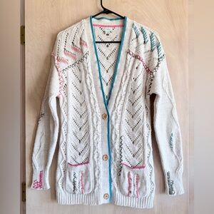 Sundance Art Knit Embroidered Cardigan Ivory Boho Button Front Women’s XS